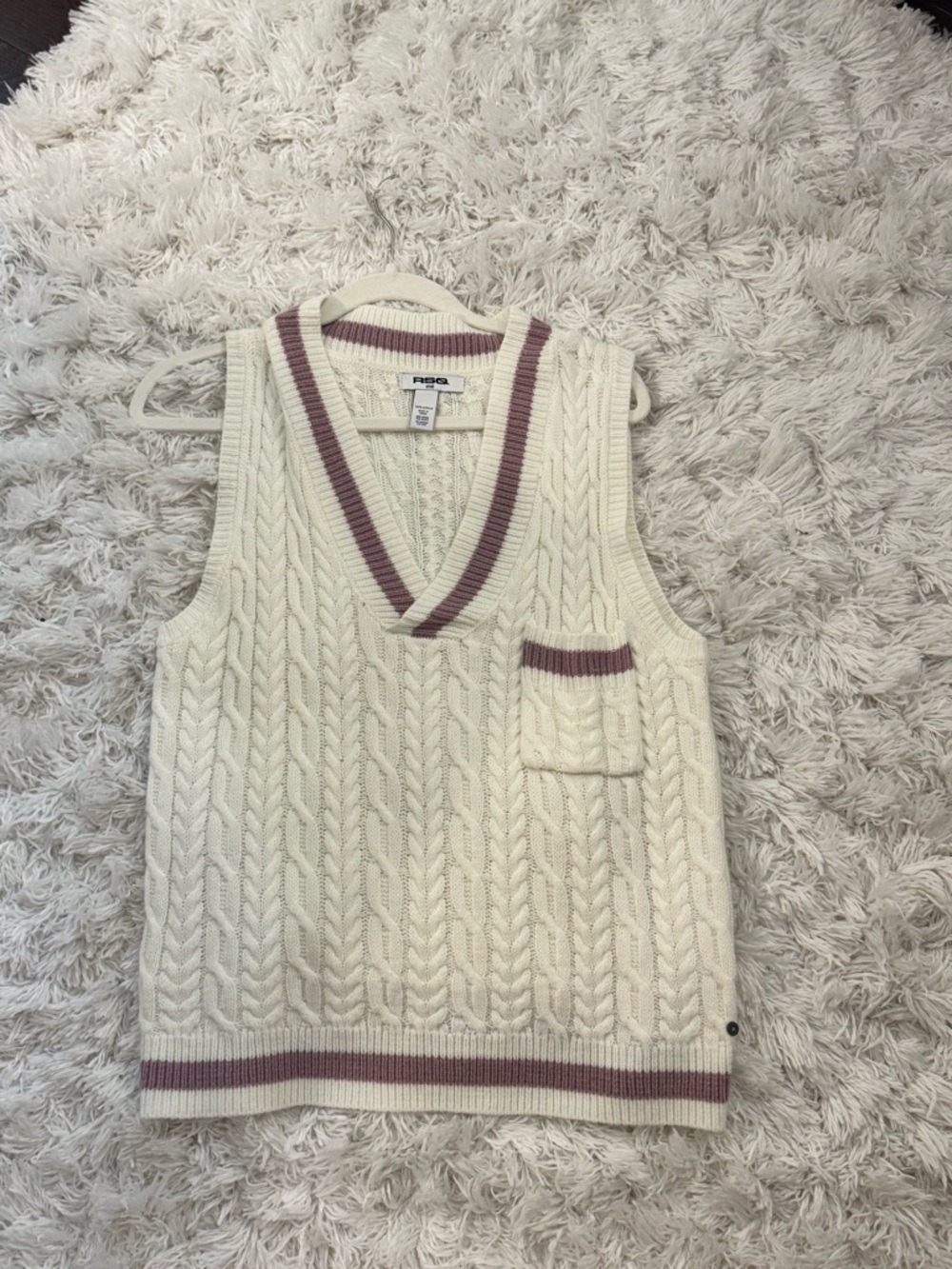 RSQ Cream Cable Knit V-Neck Vest with Mauve Stripe Trim